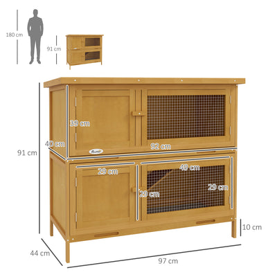 PawHut Double Decker Rabbit Hutch 2 Tier Guinea Pig House Pet Cage Outdoor with Sliding-out Tray, 100 x 47 x 91cm, Yellow 