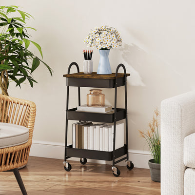HOMCOM 3-Tier Kitchen Storage Trolley with on Wheels Cover Top Board - Rustic Brown and Black 