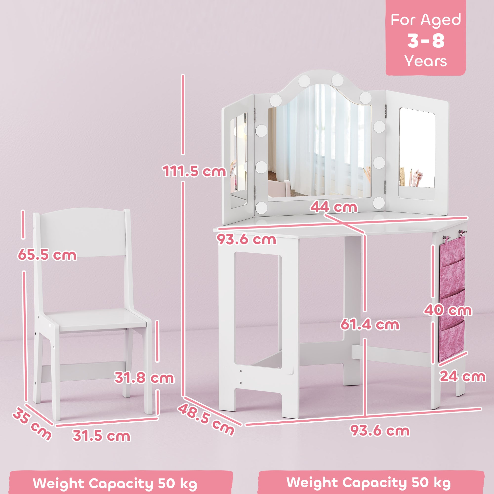 AIYAPLAY Kids Dressing Table and Stool Set, Girls Vanity Table with 2-Colour LED Lights, Tri-Folding Mirror, White 