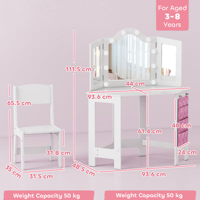 AIYAPLAY Kids Dressing Table and Stool Set, Girls Vanity Table with 2-Colour LED Lights, Tri-Folding Mirror, White 