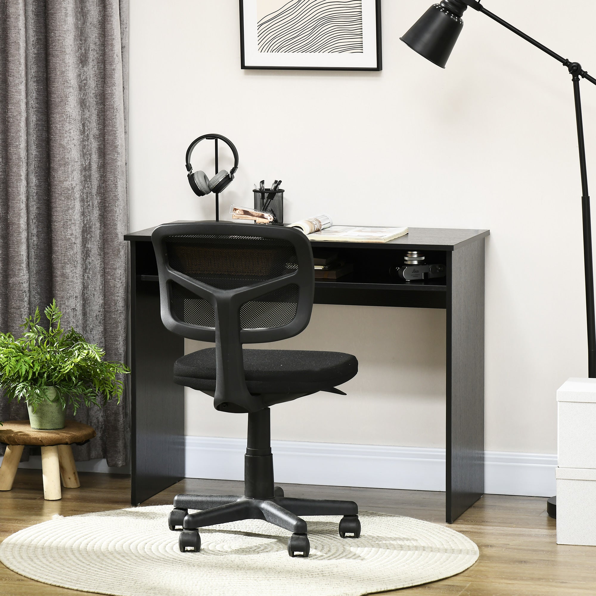 HOMCOM Modern Computer Desk, Home Office Table, Small Writing Desk with Storage Shelf, 90 x 50cm, Black Wood Grain 