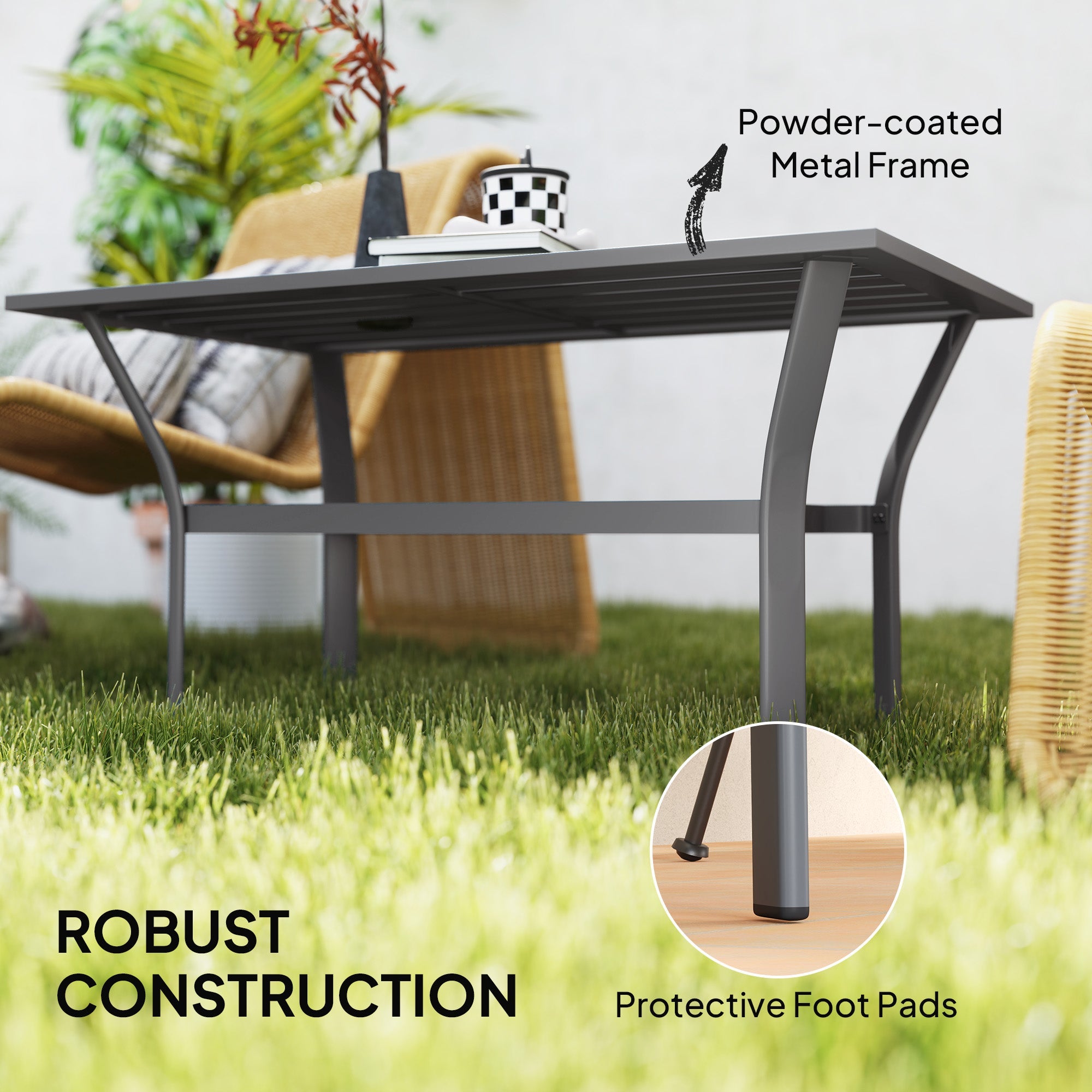 Outsunny Metal Garden Coffee Table, Rectangular Outdoor Side Table with Slatted Tabletop, Foot Pads for Outside, Garden, Balcony, Porch, 91.5 x 55 x 45cm, Dark Grey 