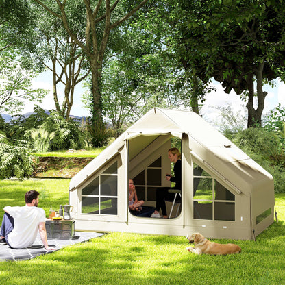 Outsunny Inflatable Camping Tent with Pump, Easy Setup 2-4 Person Blow Up Tent, Waterproof Luxury Inflatable Tent with Mesh Windows, Doors, Hook and Carry Bag, Beige 