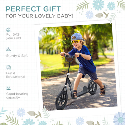 HOMCOM Kids Scooter Kick Scooter with 12" EVA Tyres, Rear Brake, Big Wheels Scooter for 5-12 Years Old, Black 