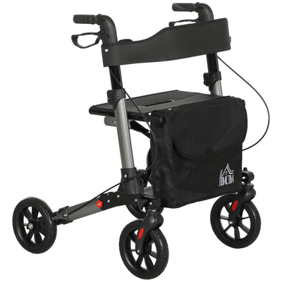 HOMCOM 4 Wheel Rollator with Seat and Back, Folding Mobility Walker with Carry Bag, Adjustable Height, Dual Brakes, Cane Holder, Lightweight Aluminium Walking Frame for Seniors and Disabled, Silver 