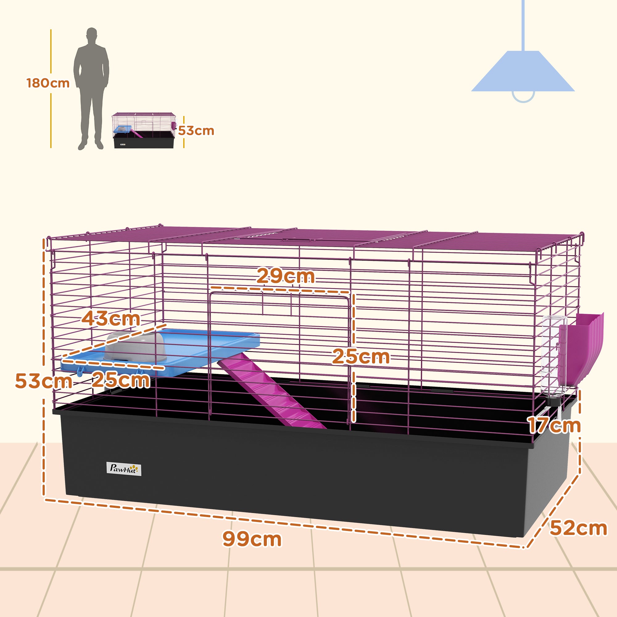 PawHut Chinchillas Small Rabbit Guinea Pig Small Animal Cage, Pet Playhouse, with Platform, Ramp, 99 x 52 x 53cm, Black 