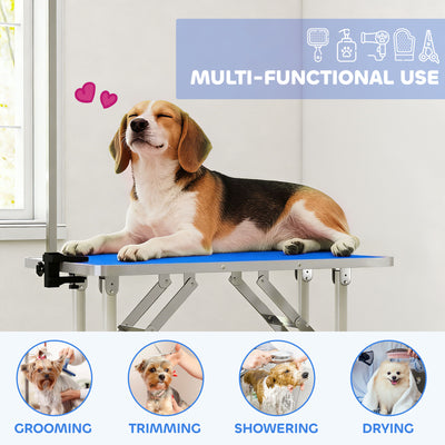 PawHut 32" Foldable Dog Grooming Table Pet Drying Beauty Table Adjustable Fixed Arm Rubber Top, Blue 