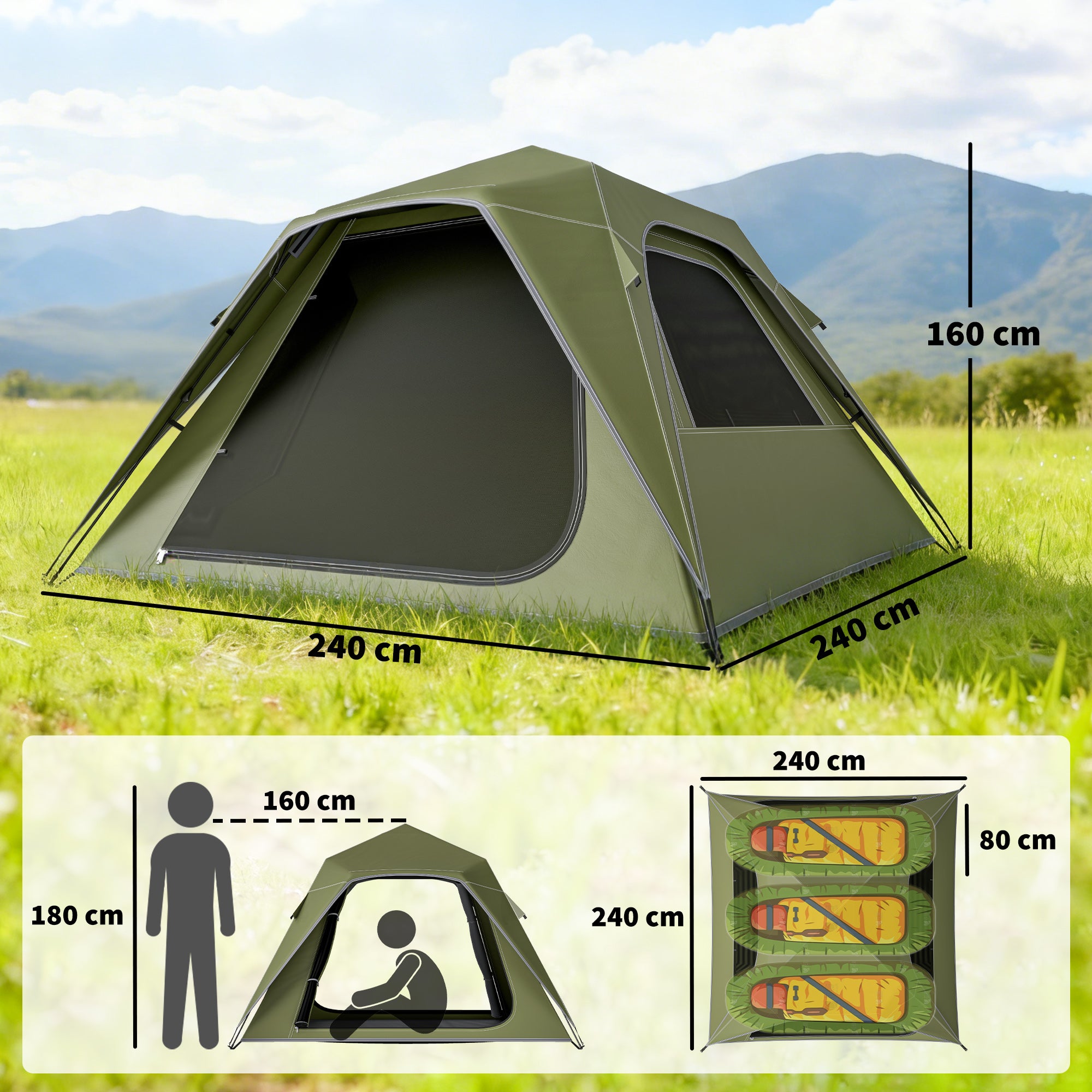 Outsunny Pop Up Tent 3000mm Waterproof Camping Tents with Mesh Windows 2-3 People Green 