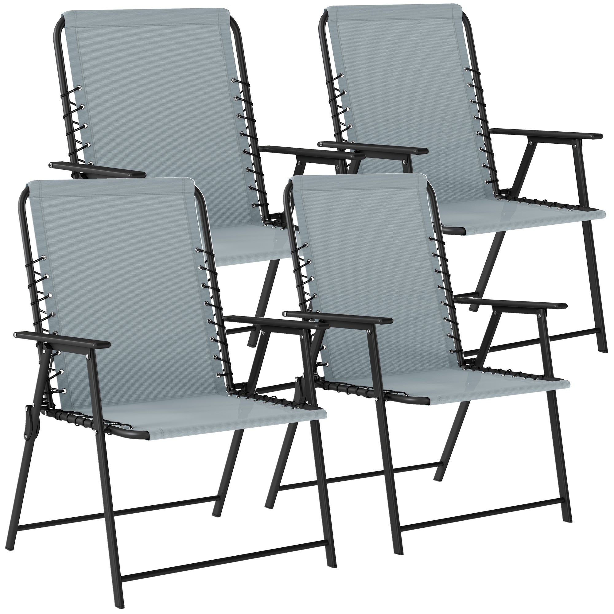 Outsunny Folding Garden Chairs Set of 4, Outdoor Dining Chairs with Wide Texteline Seat, High Back and Armrests, Light Grey 