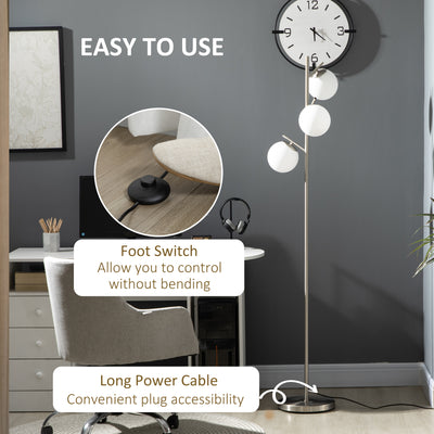 HOMCOM 3-Light Tree Floor Lamps for Living Room, Modern Standing Lamp for Bedroom with Globe Lampshade, Steel Base, Bulb not Included, Silver 