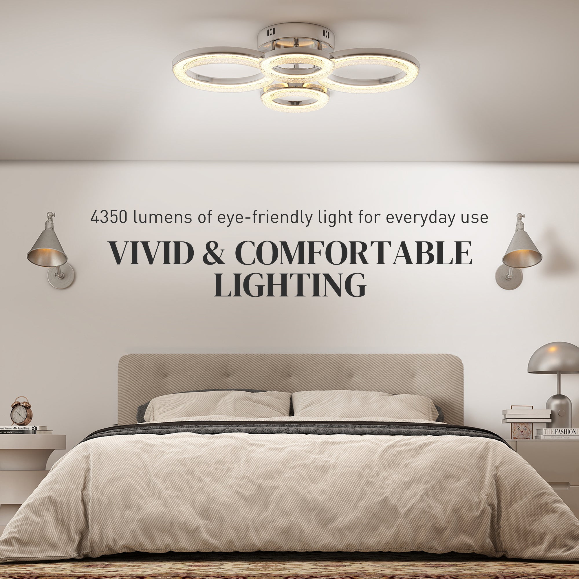 HOMCOM LED Ceiling Light, Modern Dimmable 4 Rings Ceiling Lamp with Wall Switch, 40W 4350lm Flush Mount Ceiling Light with 3500K/4500K/6000K Colour Temperatures for Living Room, Bedroom, Silver Tone 