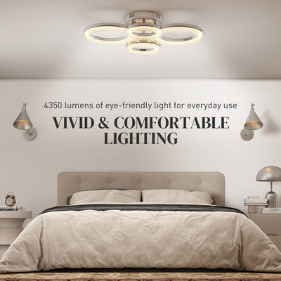 HOMCOM LED Ceiling Light, Modern Dimmable 4 Rings Ceiling Lamp with Wall Switch, 40W 4350lm Flush Mount Ceiling Light with 3500K/4500K/6000K Colour Temperatures for Living Room, Bedroom, Silver Tone 