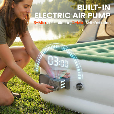 Outsunny Inflatable Mattress, Single Air Bed with Built-in Electric Pump, 3 Mins Inflation, Flocked Surface, Dark Green 