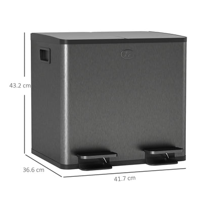 HOMCOM 30L Dual Compartment Stainless Steel Bin, with Deodoriser Holders - Black 