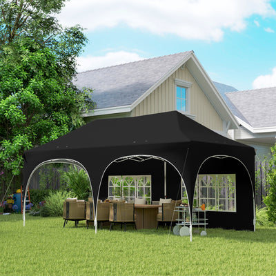 Outsunny 3 x 6m Pop Up Gazebo Shelter with Sides, 6 Sandbags, Peak Top Garden Party Tent Marquee with Carry Bag, Black 