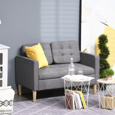 HOMCOM Modern 2 Seater Sofa with Hidden Storage, 117cm Tufted Cotton Couch with Wood Legs, Compact Loveseat for Living Room, Kitchen, Grey 