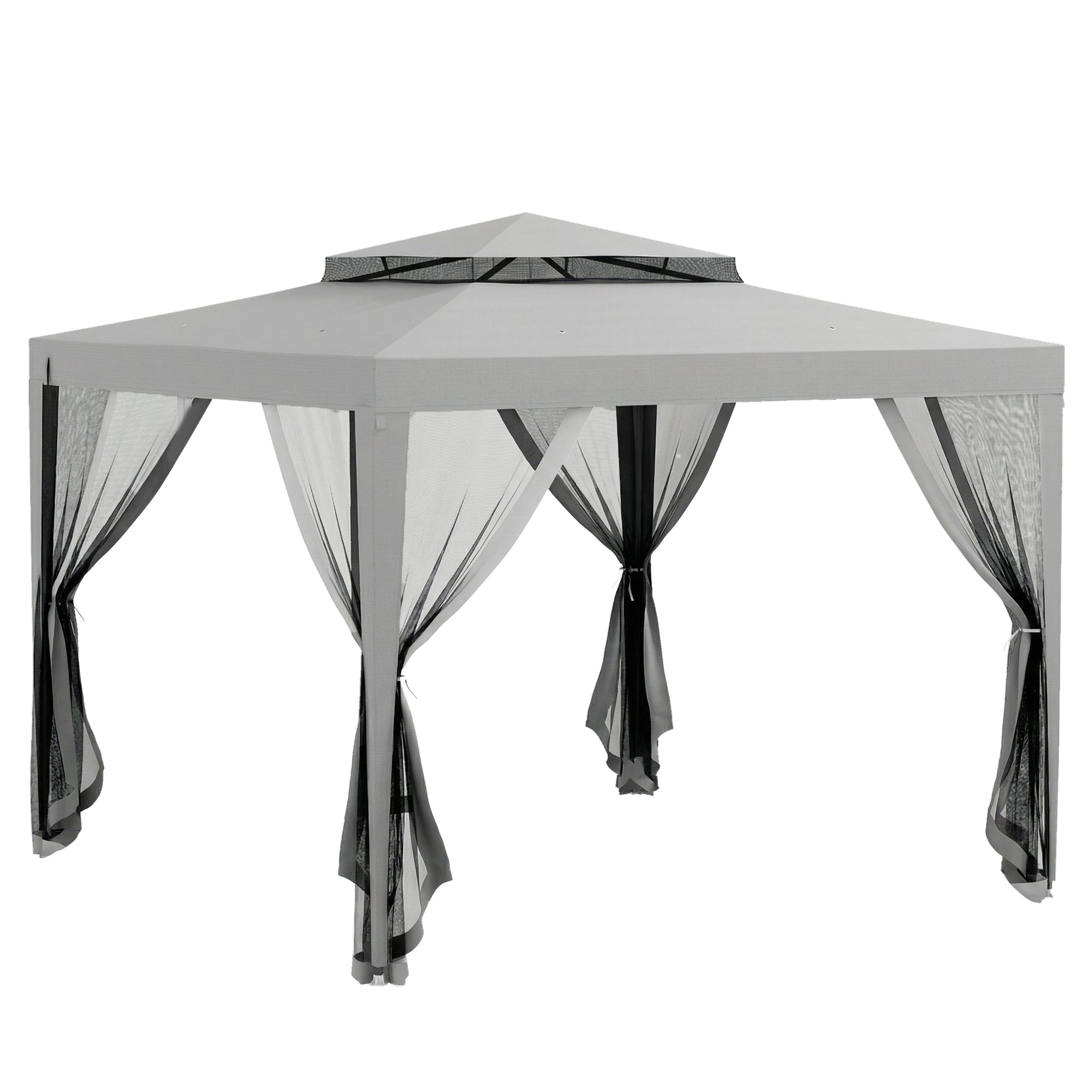 Outsunny 3 x 3 m Gazebo, Netting Party Tent, Patio Canopy Outdoor Event Shelter with Double Tier Roof, Light Grey 