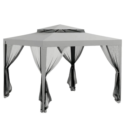 Outsunny 3 x 3 m Gazebo, Netting Party Tent, Patio Canopy Outdoor Event Shelter with Double Tier Roof, Light Grey 