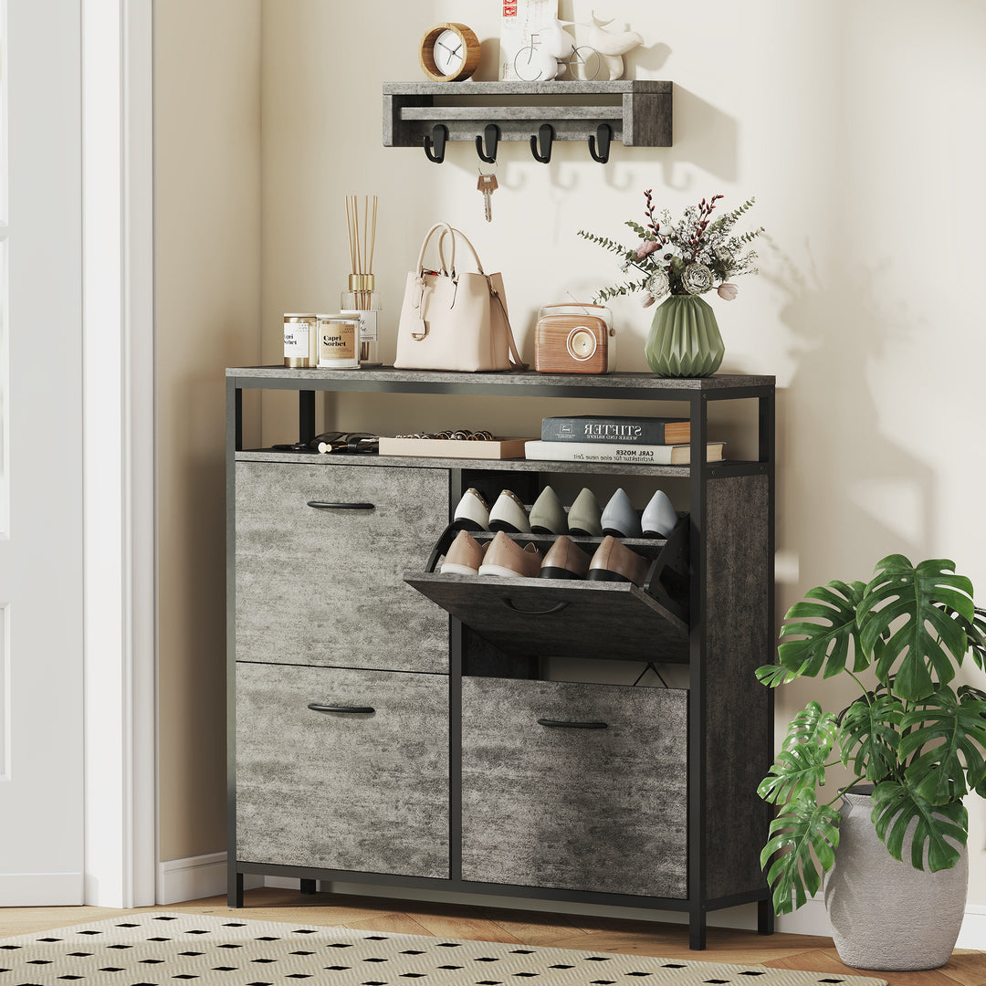 HOMCOM Shoe Storage Cabinet with 4 Flip Drawers and Open Shelf - Cement Grey 