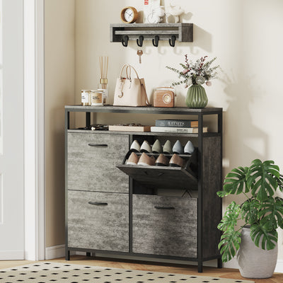 HOMCOM Shoe Storage Cabinet with 4 Flip Drawers and Open Shelf - Cement Grey 