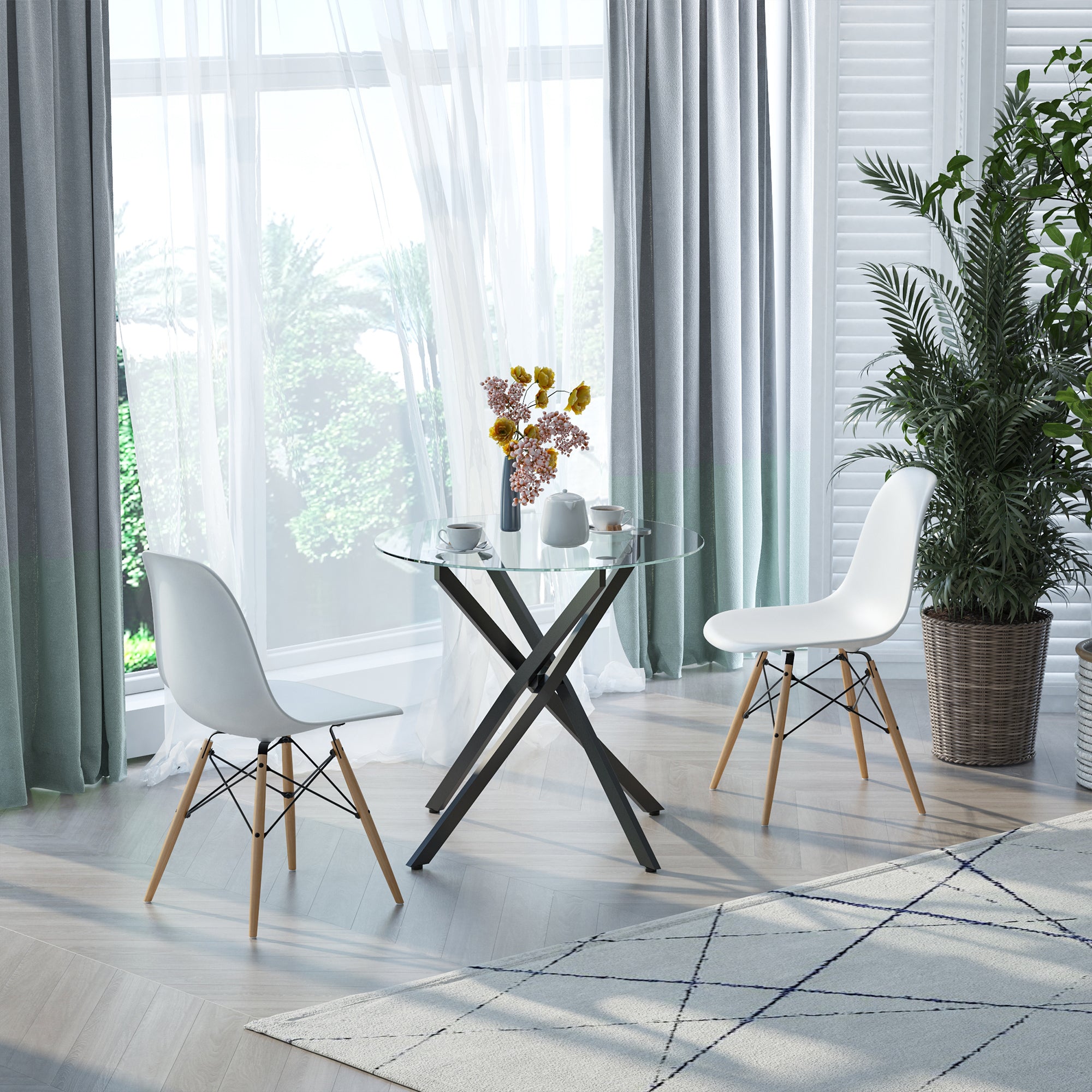 HOMCOM Dining Table with Clear Tempered Glass Top, Round Table with Metal Legs, Modern Kitchen Table for Dining Room Living Room, Black 