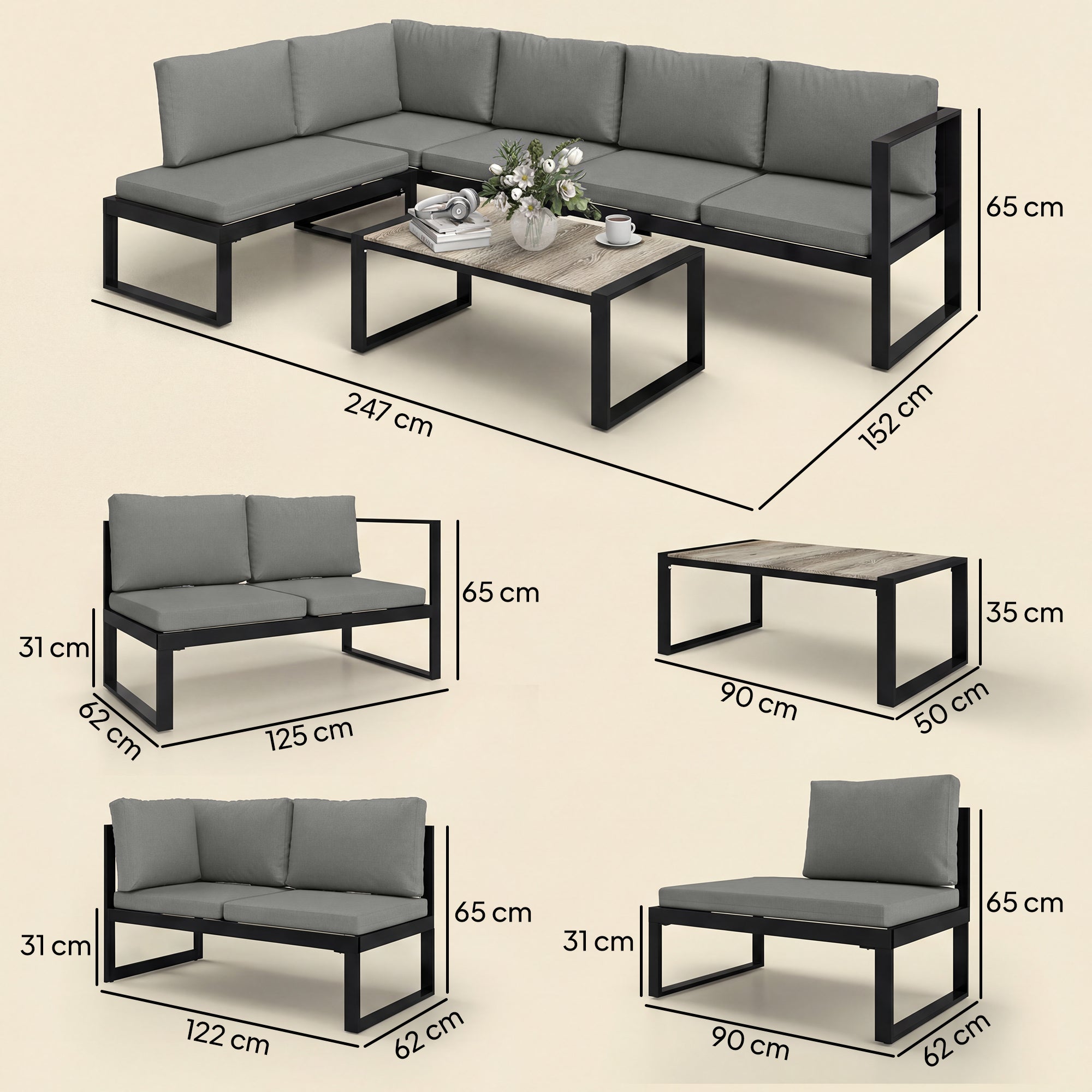 Outsunny 4 Piece Garden Furniture Set, Garden Sofa Set with 2 Loveseats, Armless Chair, Coffee Table for Balcony, Dark Grey 