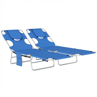 Outsunny 5-Position Adjustable Sun Loungers Set of 2 with Reading Hole and Side Pocket, Blue 