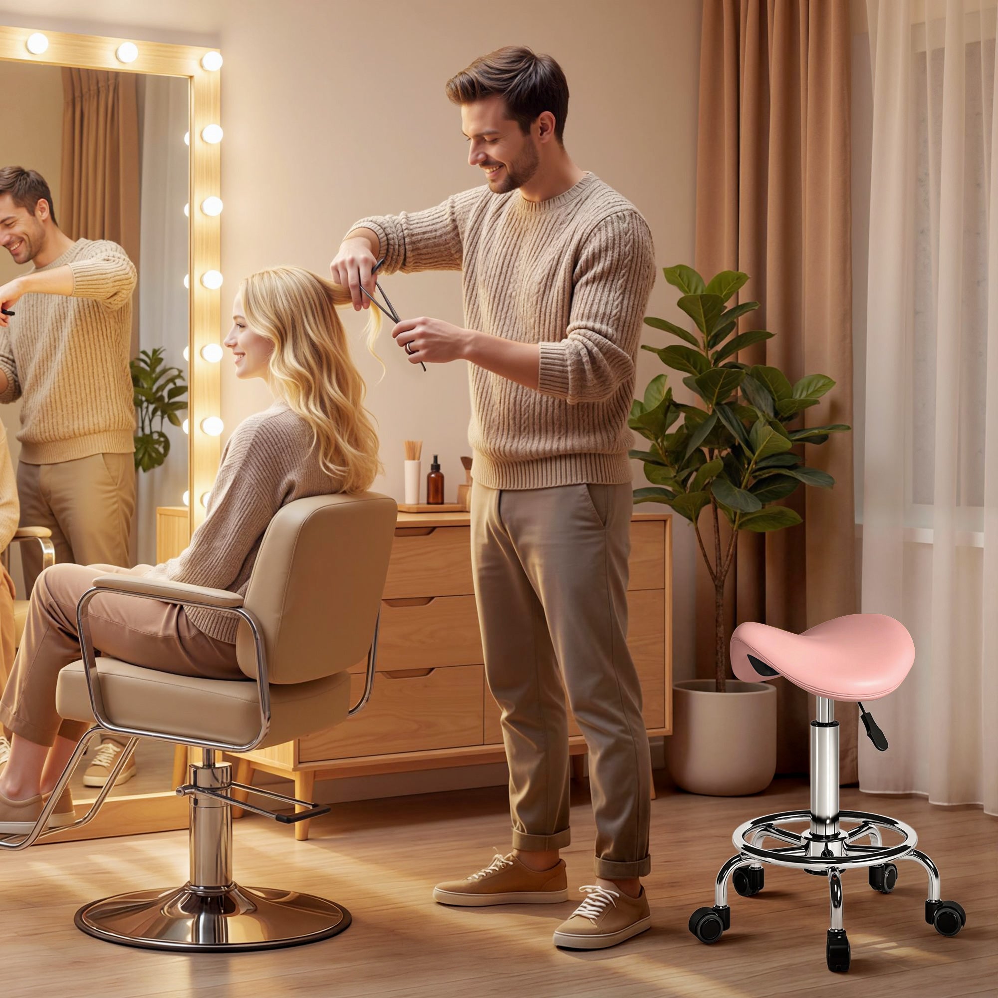 HOMCOM Salon Saddle Stool, Rolling Saddle Chair for Massage, Spa, Clinic, Beauty, Hairdressing and Tattoo, Pink 