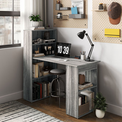 HOMCOM 120cm Modern Computer Desk Bookshelf Study Table Workstation PC Laptop Writing Home Office 6 Shelves, Grey Wood-Effect 