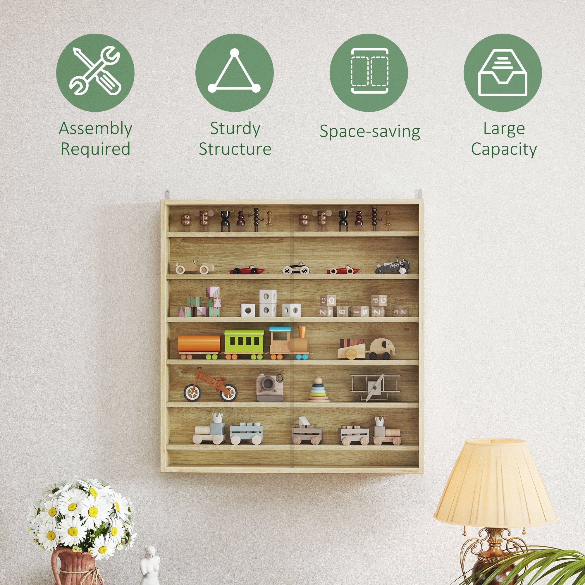 HOMCOM Six Shelf Display Cabinet, with Glass Doors - Oak