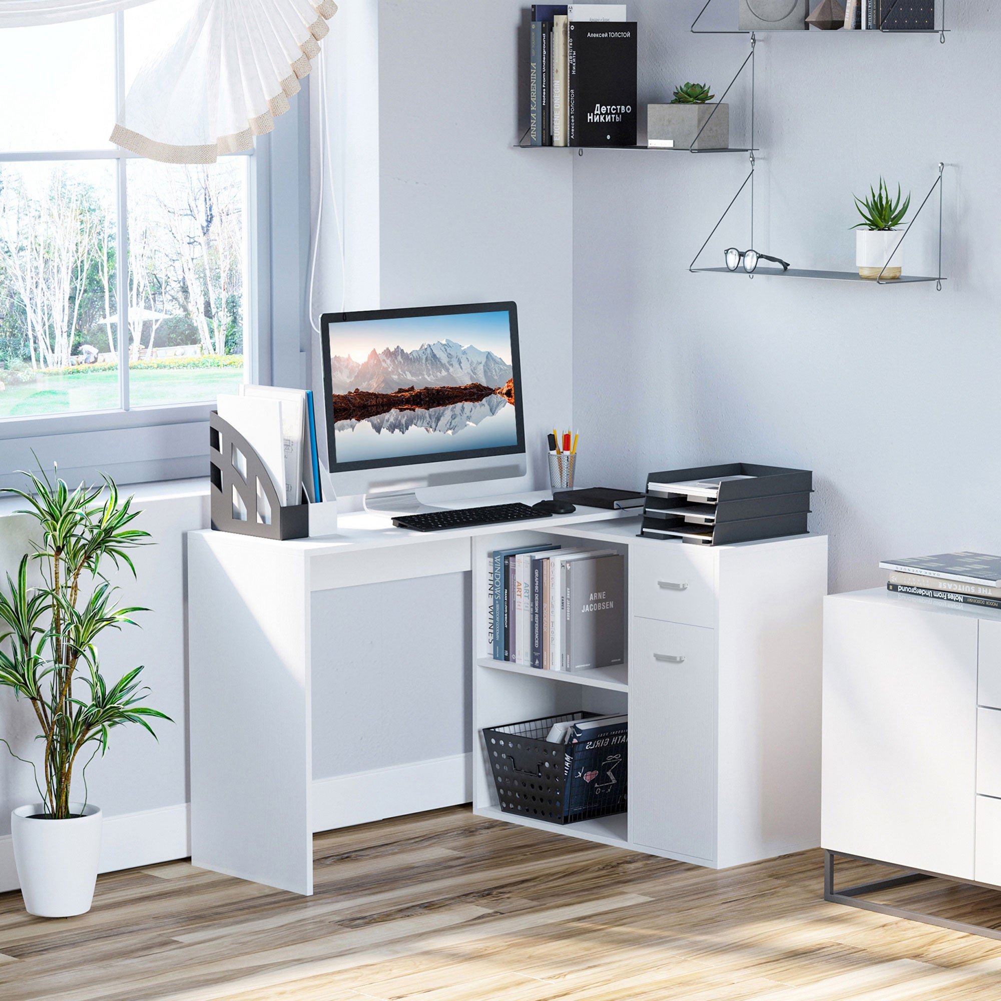 HOMCOM L-Shaped Desk, Corner Computer Desk, Adjustable Study Table with Storage Shelf, Drawer and Cabinet, Workstation for Home Office, White Wood Grain 