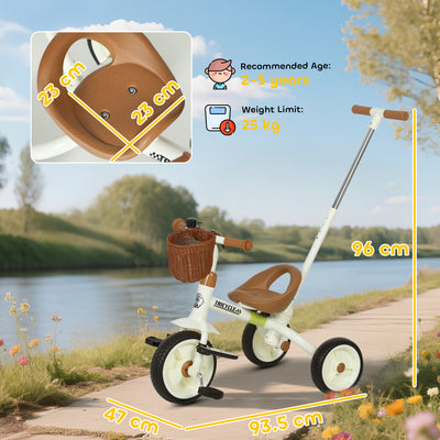 AIYAPLAY 2-In-1 Toddler Trike for 2-5 Years Old, 3 Wheel Bike with Adjustable Parent Handle, Basket for Boys and Girls, White 