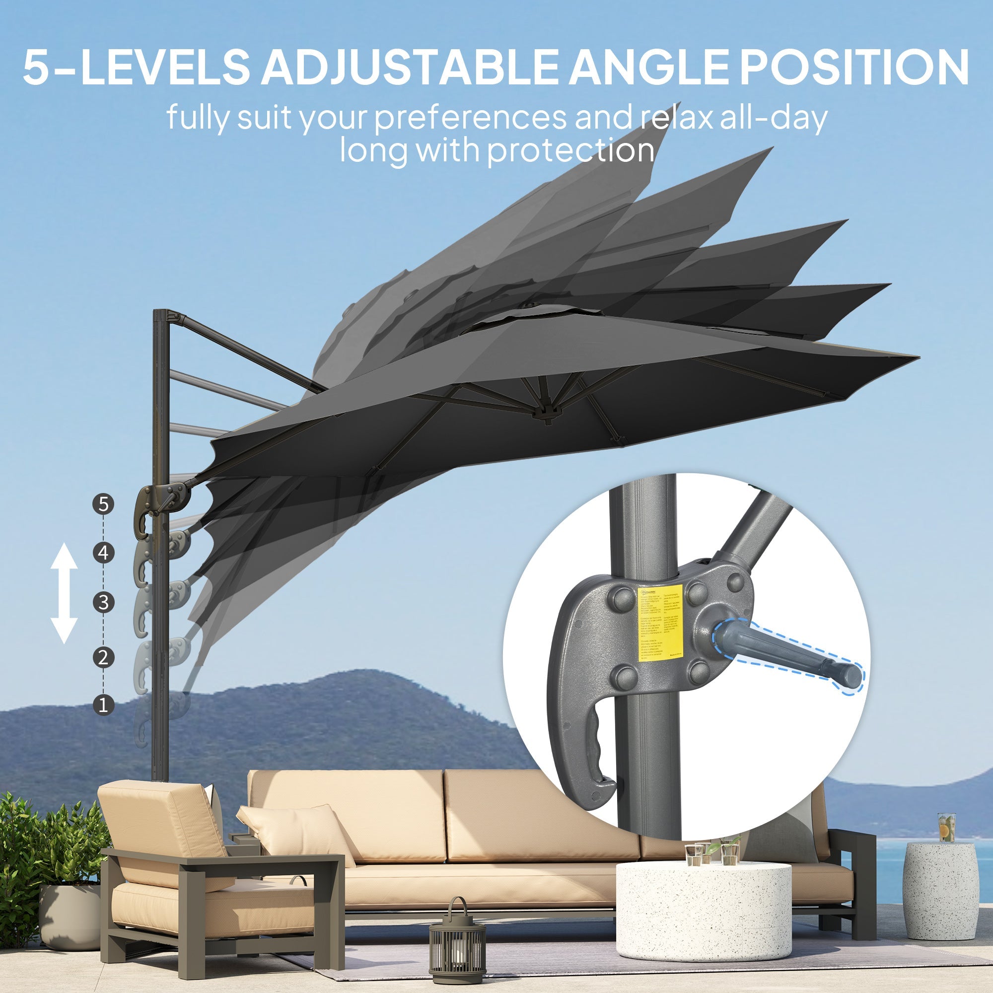 Outsunny 3 x 3(m) Cantilever Parasol with Cross Base, Garden Umbrella with 360° Rotation, Crank Handle and Tilt for Outdoor, Black 