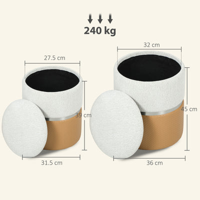 HOMCOM Nesting Round Ottoman with Storage Set of 2 - Cream/Brown 