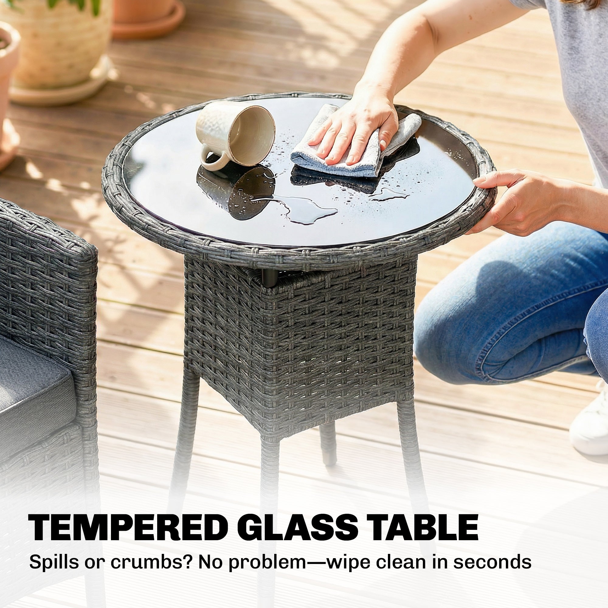Outsunny Rattan Bistro Set, Reclining Garden Chairs and Glass Coffee Table with Cushions for Patio Balcony Porch, Grey 