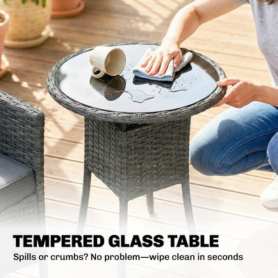Outsunny Rattan Bistro Set, Reclining Garden Chairs and Glass Coffee Table with Cushions for Patio Balcony Porch, Grey 