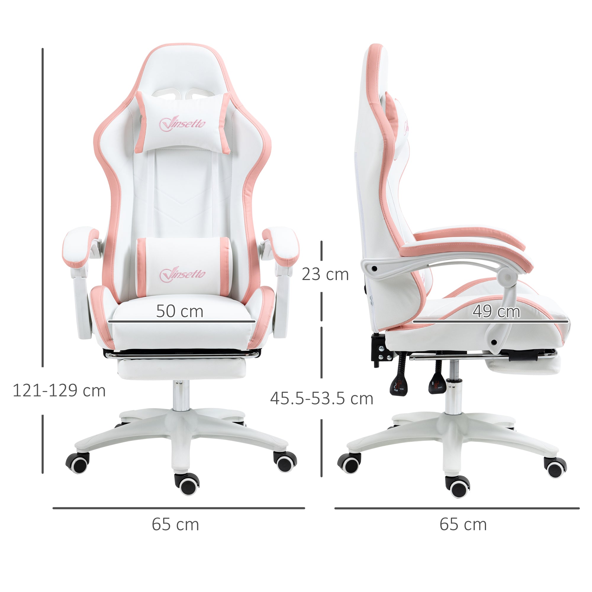 Vinsetto Computer Gaming Chair, PU Leather Desk Chair with Footrest, Swivel Task Chair with 135\'c2\'b0 Reclining Back and Lumbar Support, PC Chair for Adults, White and Pink