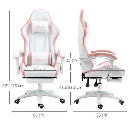 Vinsetto Computer Gaming Chair, PU Leather Desk Chair with Footrest, Swivel Task Chair with 135\'c2\'b0 Reclining Back and Lumbar Support, PC Chair for Adults, White and Pink