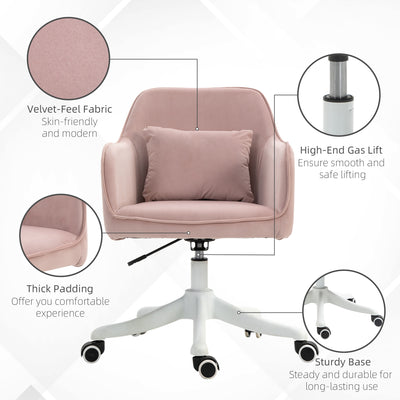 Vinsetto Velvet Office Chair, Desk Chair, Makeup Vanity Chair with Massage Lumbar Pillow and Rolling Wheels for Bedroom and Home, Pink 