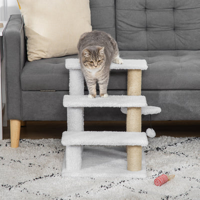 PawHut Pet Stair with 3-step Climb Ladder, Scratching Posts, Platforms, Toy Ball, for Indoor Elderly Cats Kittens, White 