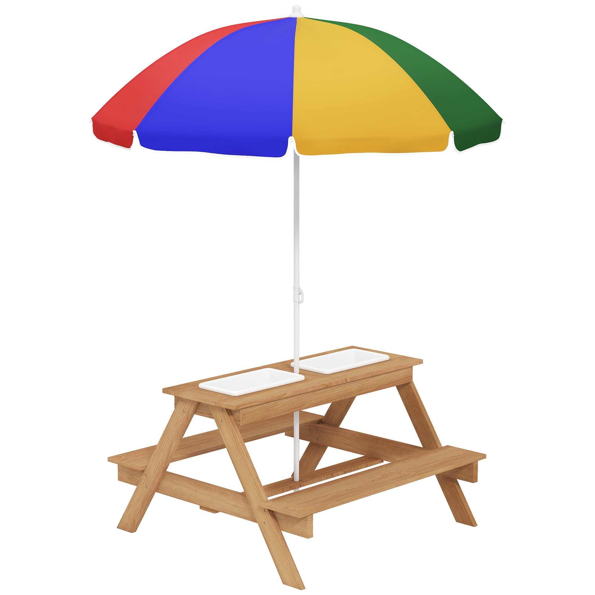AIYAPLAY Kids Picnic Table, Sand and Water Table with Wooden Benches, Adjustable Parasol and Storage Bins, Multicolour 