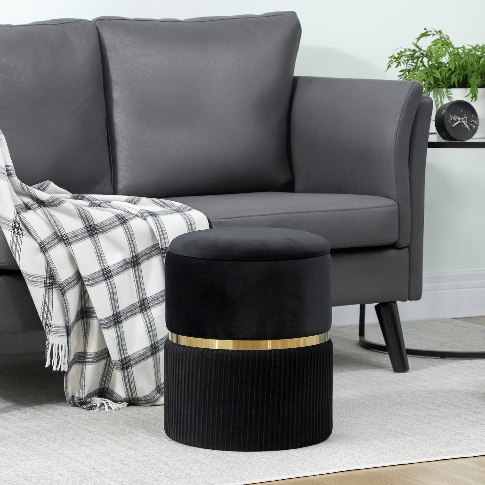 HOMCOM Velvet-Feel Storage Ottoman - Black