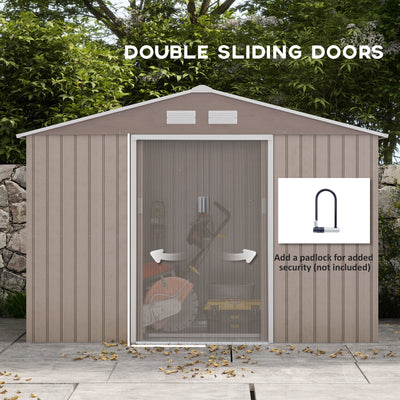 Outsunny 9 x 6ft Garden Metal Storage Shed, Outdoor Storage Tool House with Vents, Foundation and Lockable Double Doors, Brown 
