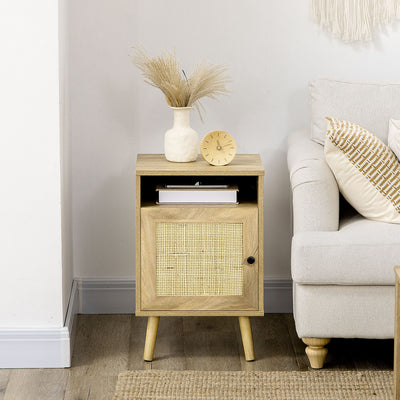 HOMCOM Bedside Table with Rattan Element, Side End Table with Shelf and Cupboard, 39cmx35cmx60cm, Natural 