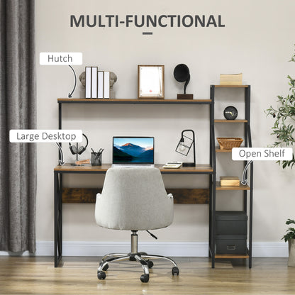 HOMCOM Computer Desk with Bookshelf, Industrial Writing Table with 6 Tier Storage Shelves for Home Office, Bedroom, Study, 150 x 55 x 138cm, Rustic Brown 
