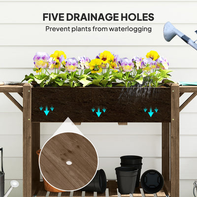 Outsunny Raised Garden Bed, Wooden Elevated Planter Box with Lockable Wheels, Side Tables and Bottom Shelf, Outdoor Planter with Liner and Drainage Holes for Vegetables, Flowers, Fruits, Carbonised 