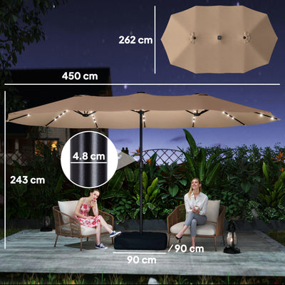 Outsunny Patio Umbrella Double-Sided Outdoor Umbrella with Solar Lights Base, Khaki 