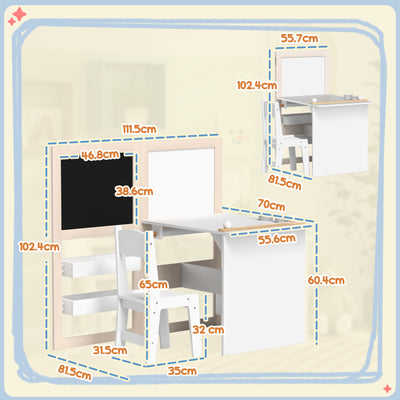 AIYAPLAY 3 in 1 Kids Table and Chair Set with Storage, Whiteboard, Blackboard & Roll Paper for 3-8 Years, White 