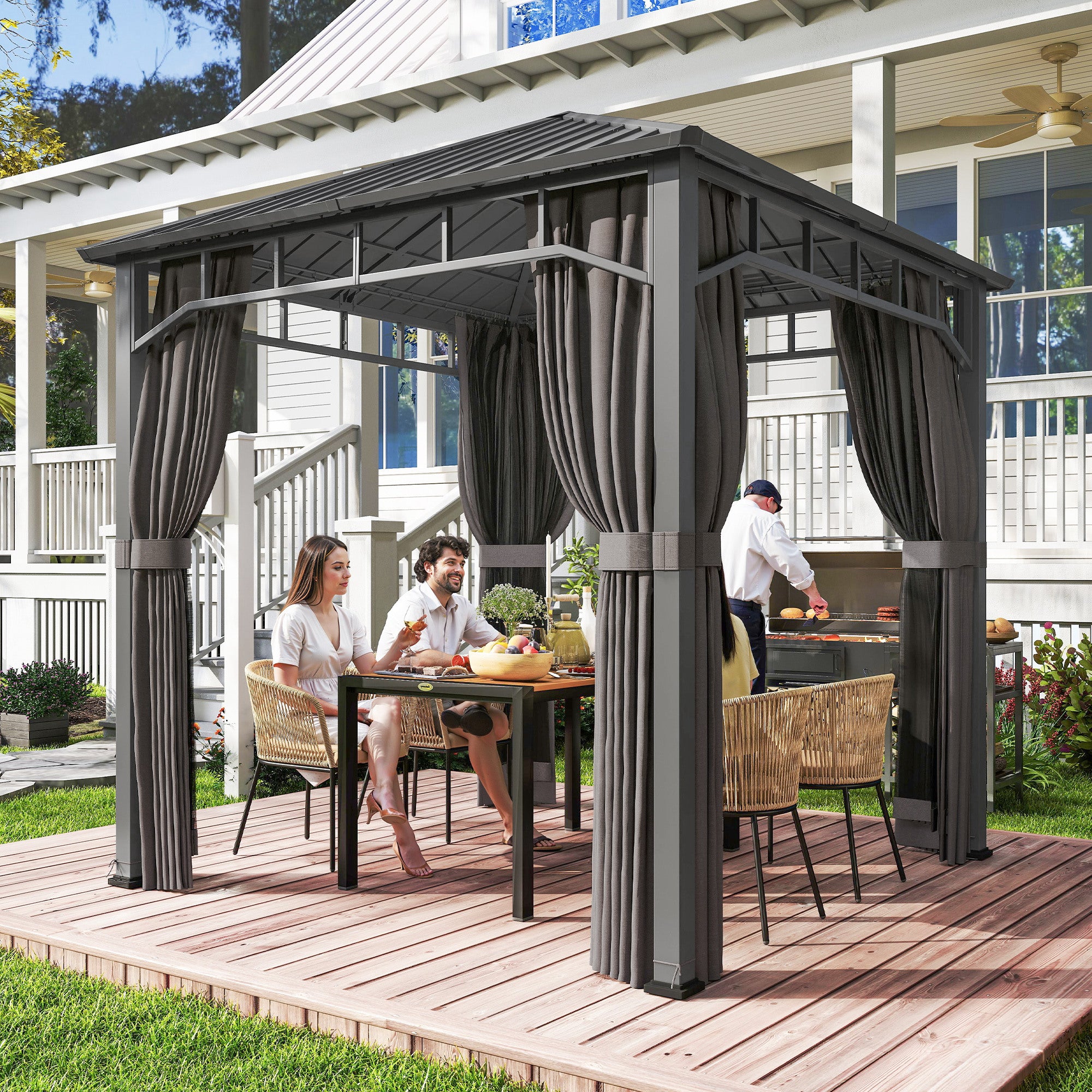 Outsunny 2.5 x 2.5 m Hardtop Gazebo with Galvanised Steel Roof, Waterproof Permanent Pavilion Garden Gazebo with Netting and Curtains for Patio, Deck, Dark Grey 