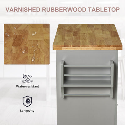 HOMCOM Rolling Kitchen Island Storage Trolley with Rubber Wood Top & Drawers for Dining Room, Grey 